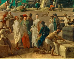 (détail) Le port de Marseille au XVIIIe siècle. Détail représentant le déchargement des marchandises. Peinture de Joseph Vernet (1714-1789) XVIIIe siècle Paris. Musée de la Marine