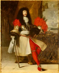 Portrait en pied de Louis XIV, Roi de France et de Navarre (1638-1715) - vers 1665-1670 (en habit de bataille avec couronne et sceptre posés sur la table, devant un paysage maritime avec un bateau) Peinture par Claude Lefebvre (1632-1675) Vers 1670