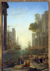 Paysage avec le bateau de Sainte Paula Romana à Ostie. Sainte Paula quitte ses enfants pour voyager en Terre Sainte. Embarquement de Sainte Paule à Ostie. Sainte Paule (347-404 ou 407), veuve romaine, disciple de Saint Jérôme