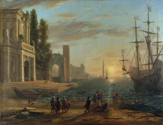 «Port de mer au soleil couchant» (Un port de mer). Peinture de Claude Lorrain (1600-1682). Huile sur toile, 1644. Dimensions : 103 x 131 cm. National Gallery, Londres