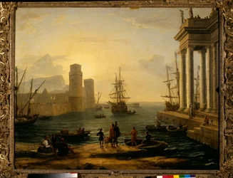 Port de mer, effet de brouillard. Peinture de Claude Gellée, dit Le Lorrain (1600-1682), 1646. Soleil. 1,19 x 1,5 m. Paris, Musée du Louvre