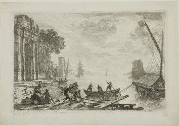 Scène de port avec soleil levant