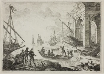 Scène de port avec un phare