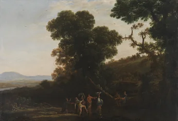 Paysage avec personnages pataugeant dans un ruisseau