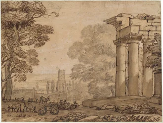 Paysage avec ruines, figures pastorales et arbres