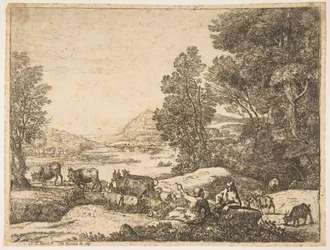 Berger et bergère conversant dans un paysage