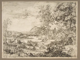 Berger et bergère conversant dans un paysage