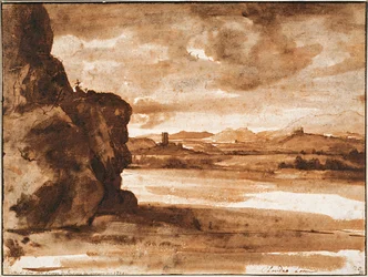 Paysage du Tibre au nord de Rome avec ciel nuageux sombre, entre 1630 et 1640