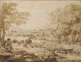 Jeune homme jouant de la flûte dans un paysage pastoral