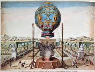 Expérience des frères Montgolfier le 19 octobre 1783 dans le jardin de Monsieur Réveillon, faubourg Saint-Antoine à Paris. Gravure de Claude Louis Desrais (1746-1816)