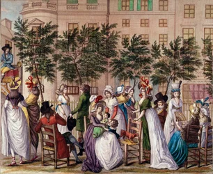 La mode sous le Directoire : « Le petit Coblentz », la promenade Boulevard des Italiens à Paris. Lithographie par Claude Louis Desrais (1746-1816) 1798. Paris, Musée Carnavalet