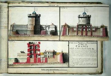 Atlas 131 F fol.85 Coupe transversale et élévations du Fort Chapus, tiré de Traité de Fortifications, vers 1720
