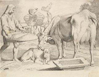 Scène de campagne avec un paysan, une vache et un veau