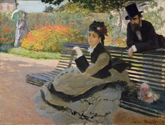 Camille Monet sur un banc de jardin