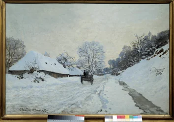 La charrette, route sous la neige à Honfleur en 1867, peinture de Claude Monet (1840-1926). 1867. Dimensions : 0,65 x 0,92 m. Paris, musée d