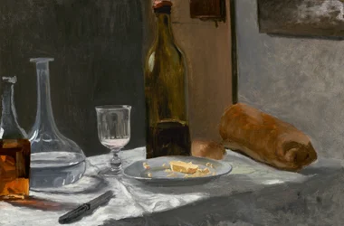Nature morte avec bouteille, carafe, pain et vin
