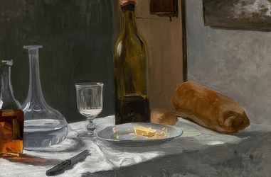 Nature morte à la bouteille, à la carafe, au pain et au vin. Vers 1862/63