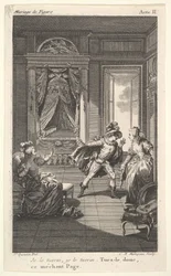 Un homme se penche vers une femme debout dans une porte à droite, à gauche une femme assise lève..., vers 1784