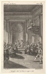 Un homme assis sur une chaise sur une plate-forme en escalier tient une audience, deux hommes pointant, ca. 1784