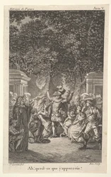 Un jeune garçon tient une torche sous des arbres dans un jardin, au centre un homme lève les deux bras, vers 1784