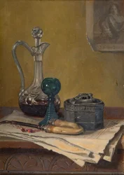 Nature morte avec journal, pipe, carafe et pot