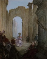 Filles regardant une danseuse parmi des ruines classiques