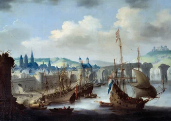 Vue de la ville de Rouen. Les navires sont amarrés sur les rives de la Seine. Peinture de Claude de Jongh