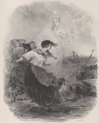 Femme près de la mer avec la Madone, pointant vers un navire