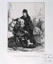 Guerre franco-prussienne 1870-1871 : Un soldat blessé soigné et nourri. D