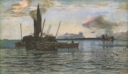 Le marché du hareng en mer sur le Loch Fyne, Argyll, 1884