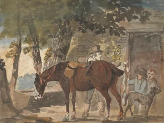 Un cheval, un chien et des personnages devant un cottage
