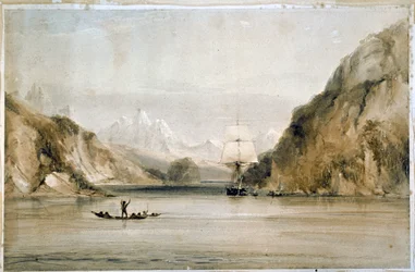 Hms Beagle dans les voies maritimes de la Terre de Feu (aquarelle)