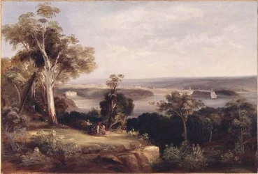 Paysage boisé avec une vue lointaine de Sydney