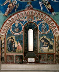 Différents épisodes de la vie de Saint Benoît de Nursie : à gauche une femme tend un morceau de pain empoisonné à Saint Benoît, à droite un corbeau prend le pain et sauve Saint Benoît. Fresque du Maître Consolo