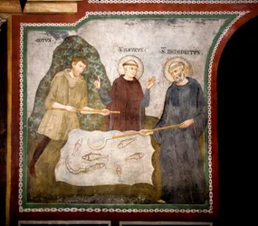 Le miracle du Goth : saint Benoît de Nursie, accompagné de saint Maur, son premier disciple, rencontra un paysan goth et répara miraculeusement sa faucille. Fresque du Maître Consolo (XIIIe siècle), église inférieure, monastère de Saint-Benoît (Sacro