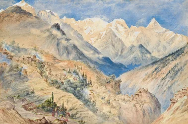 Les pics de Khylas et le village de Pangi à trois miles au-dessus de CHINE sur le Sutledge