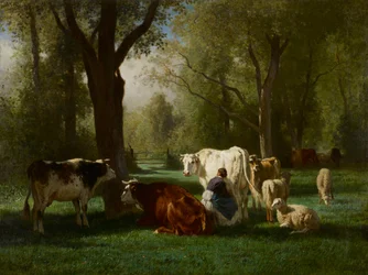 Paysage avec bovins et moutons