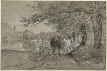 Vaches et moutons sous les arbres