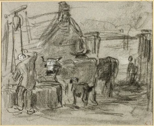 Cour de ferme avec homme et bétail