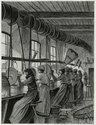 Un atelier de femmes à la verrerie du Val Saint Lambert. Gravure par C.Meunier pour illustrer le récit « La Belgique », par Camille Lemonnier (1844-1913), écrivain et critique d