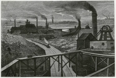 Exploitation minière et terrils. Gravure pour illustrer l