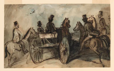 Une calèche et trois cavaliers