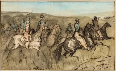 Exercice de cavalerie dans un pré