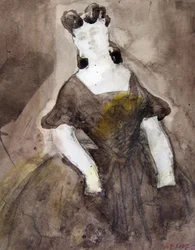 Étude de femme à mi-corps, robe décolletée, mains dans les poches.