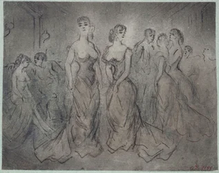 Scène intérieure de maison publique, femmes et hommes, vers 1875
