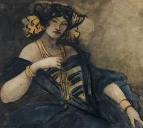Femme élégamment vêtue, assise, demi-figure