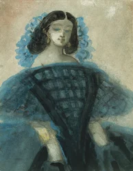 Jeune femme en robe bleue et noire, v. 1863.