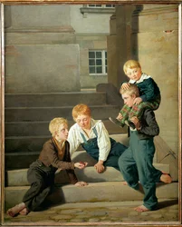 Garçons jouant aux dés devant le palais de Christiansborg à Copenhague (peinture sur toile)