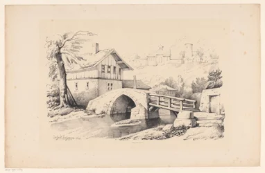 Pont et maison dans un paysage vallonné
