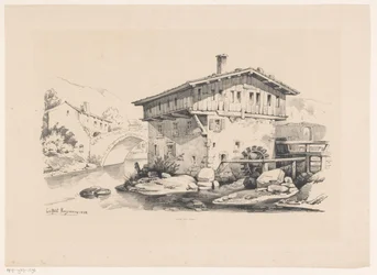 Maison et moulin à eau dans un village de montagne